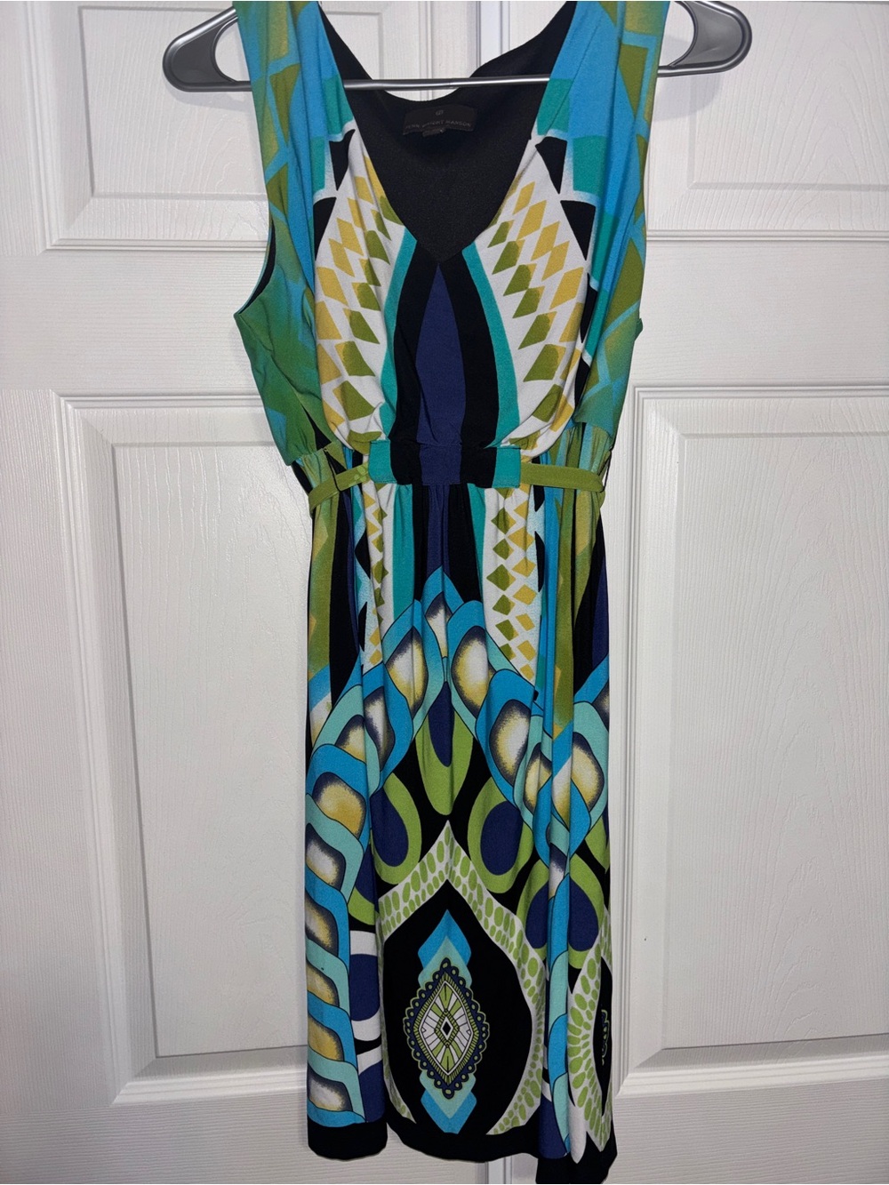 Sleeveless Blue & Green Printed V-Neck Dress size 12